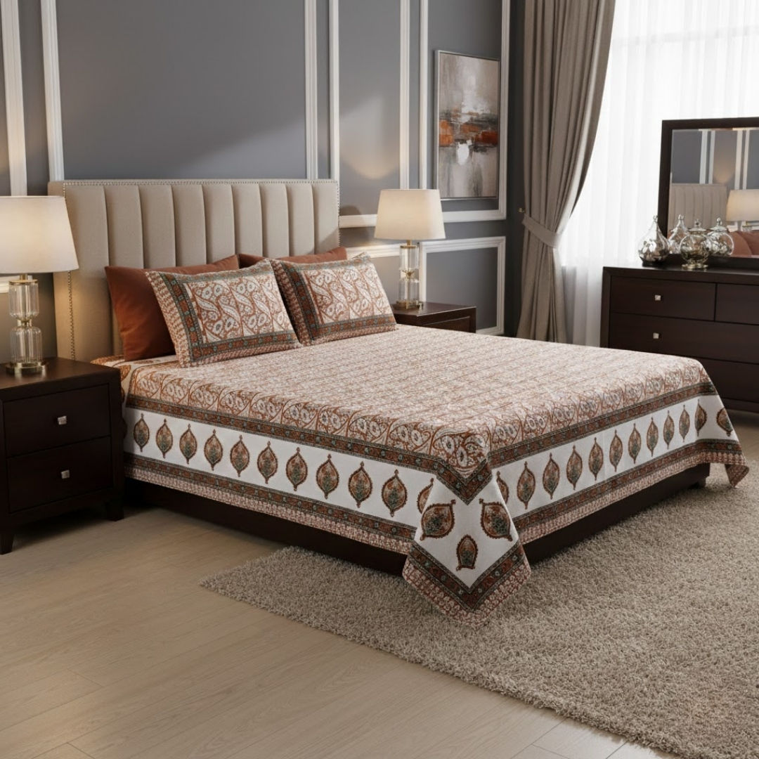 Rustic Rhythms Peach Block Print Pure Cotton Double Bedsheet